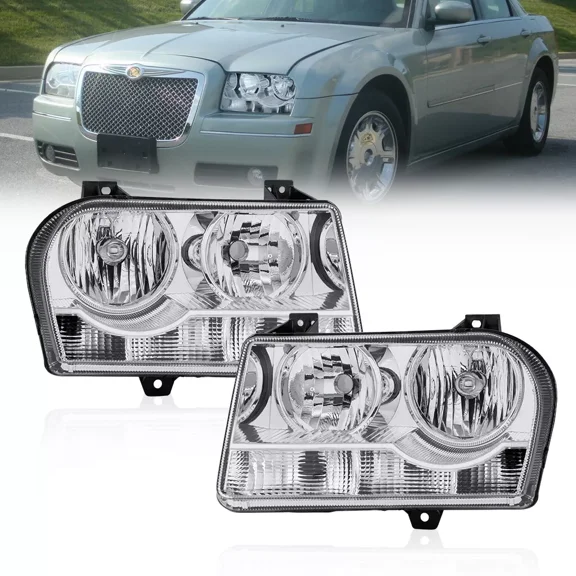 MOSTPLUS Pair Chrome Headlights Assembly for 2005-2010 Chrysler 300 Halogen Style