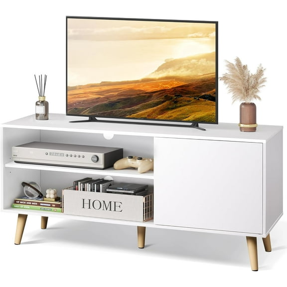 TV Stand for 55 Inch TVs, Entertainment Center with Storage Cabinet, Mid-Century TV Stands for Living Room and Bedroom, 50" TV Console, White