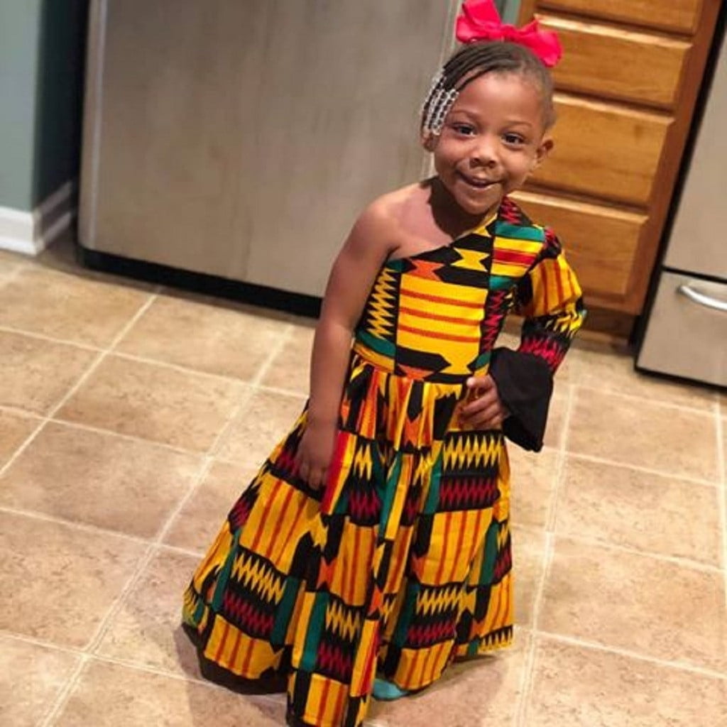 Toddler Baby Girls African Print Off Shoulder Hair Band Princess Casual Dresses 