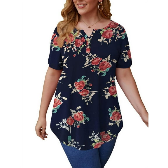 LETDIOSTO Women's Plus Size Shirts Short Sleeve V Neck Floral Henley Blouse Tunic Top