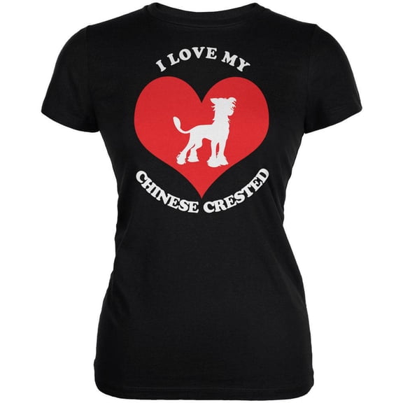 Valentines I Love My Chinese Crested Black Juniors Soft T-Shirt - Medium