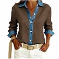 thumbnail image 2 of Dazajoo Waffle Knit Button Down Oversized Tops for Women Casual Long Sleeve Lapel Shirts with Denim Trim,Brown,XL, 2 of 5