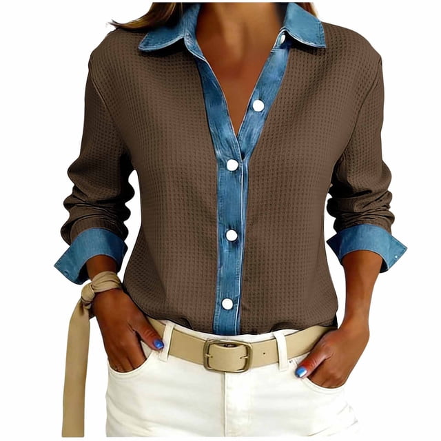 TaTaai Women's Loose Fit Blouse Long Sleeve Lapel Collar Waffle Knit Design Button Front Denim Style Casual Top Gift