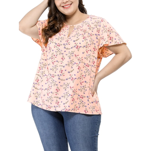 GRACE & GRANDEUR Camisa Blusa de Chiffon Floral de Manga Corta con Escote en Llave para Mujeres Talla Grande 5X Rosa