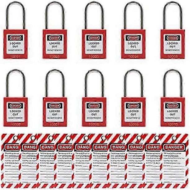 10 Red Lockout Tagout Locks with 10 Lock Out Tags, Keyed Different, Compliant Safety Locks