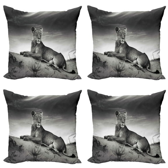 Ambesonne Black and White Throw Pillow Cover 4 Pack, Wild Lioness, 20",