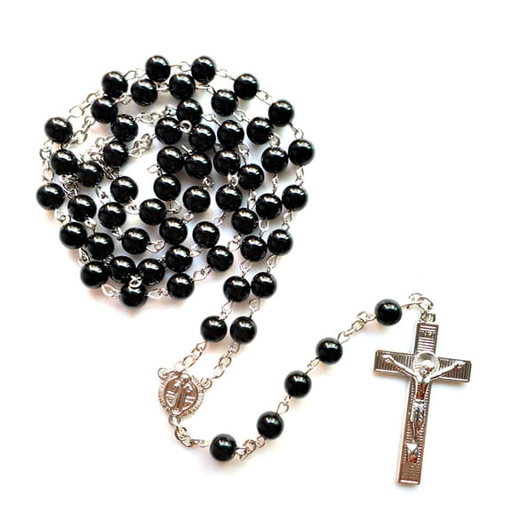 Black Beads Rosary Catholic Necklace with Metal Cross Crucifix Prayer Jewelry