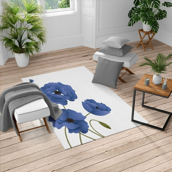 Floral Turkish Area Rug, Poppy Flowers Vivid Petals Buds Pastoral Purity Mother Earth Nature Design, Soft Carpet for Living Room Decor with Distressed Look, 6.6' X 9.6', Cobalt Blue, by Ambesonne