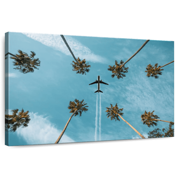 Elephant Stock Airplane Over Palm Trees Wall Art - Horizontal Canvas Wall Art - Living Room Wall Decor - Floral And Botanical Canvas - Blue And Green Decor - 12" x 8"