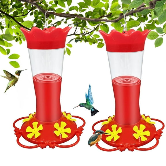 Hummingbird Feeders for Outdoors, 13.5 oz Red Plastic Flower Bird Feeders 5 Feeding Port, 2 Pcs