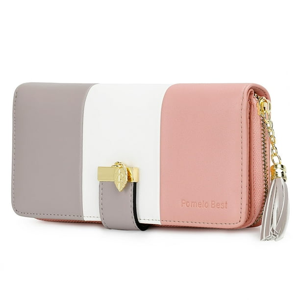 Carteras RFID para mujer con múltiples ranuras para tarjetas y compartimento para teléfono celular, portafolios para mujer, Rosado/blanco/gris, L, Classic