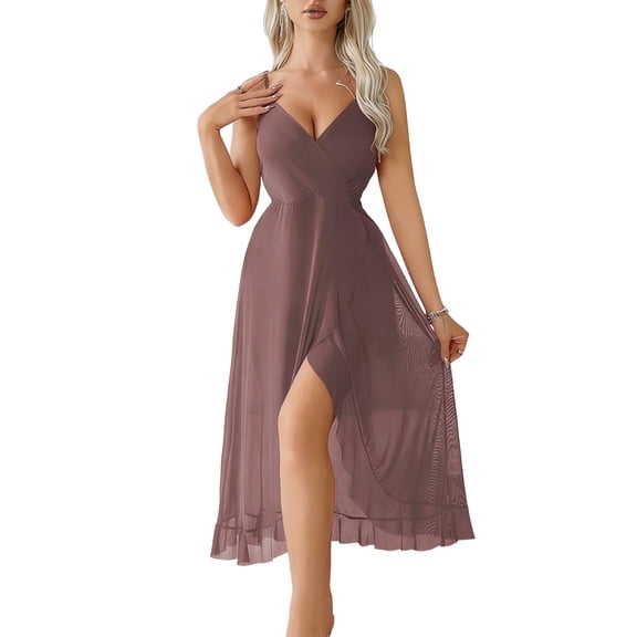 Wensltd Women Nightgowns Mesh Backless Sleeveless Spaghetti Strap Deep V Neck Full Length Nightgowns Soft Khaki