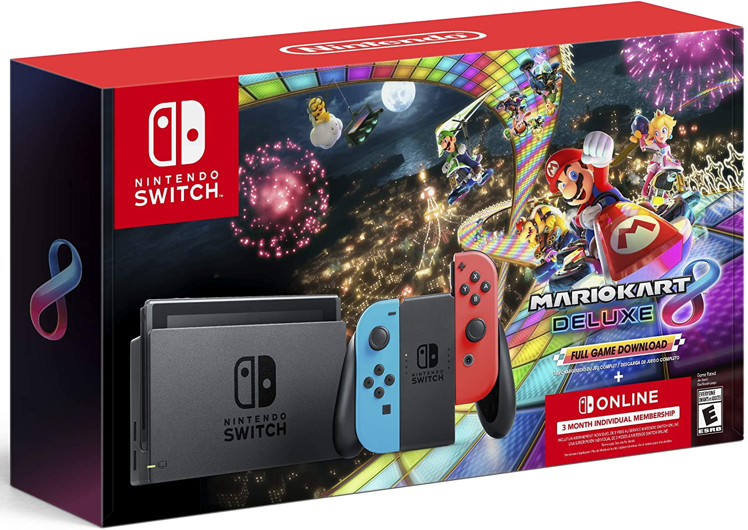 Nintendo Switch with Neon Blue and Neon Red Joy-Con - Mario Kart 8 Deluxe (Full Game Download) - 3 Month Switch Online Individual Membership, Bluetooth 4.1, 6.2" Touchscreen LCD - Carrying_Case
