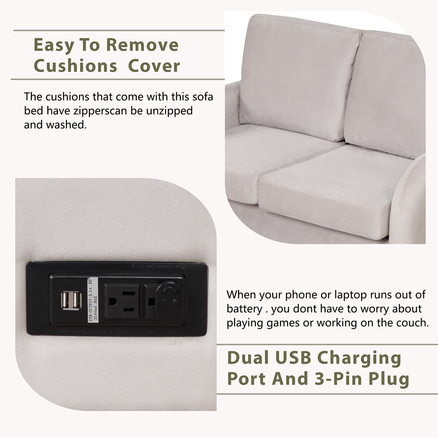 Kadyn Pull Out Sofa Bed, Loveseat Sleeper Sofa Bed with USB Charging Port and 3-pin Plug, Convertible Sofa Bed with Twin Size Mattress Pad, Beige Kadyn Pull Out Sofa Bed, Loveseat Sleeper Sofa Bed with USB Charging Port and 3-pin Plug, Convertible Sofa Bed with Twin Size Mattress Pad, Beige