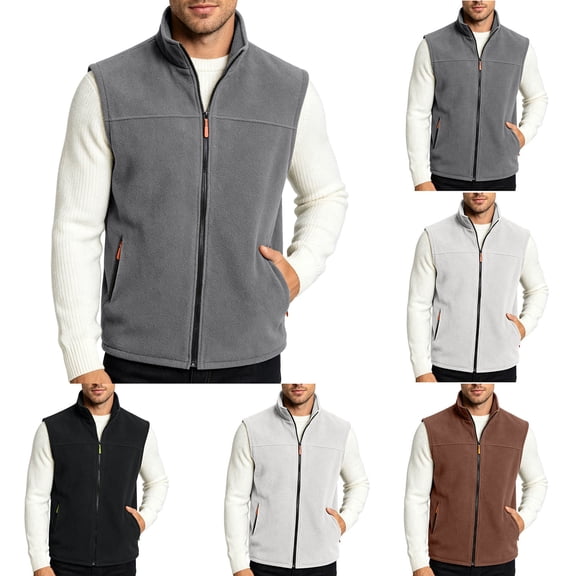 Men's Outdoor Zip-Up Fleece Vest Solid Lined Neck Sleeveless Coat with Side Pockets Daily Work Wear