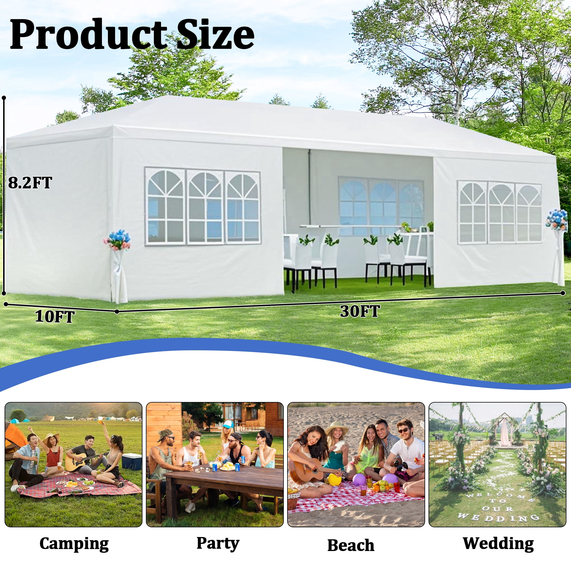10'x30' Canopy Tent Gazebo Canopy Wedding Party Tent with 8 Removable Sidewalls for Party Wedding Camping,White
