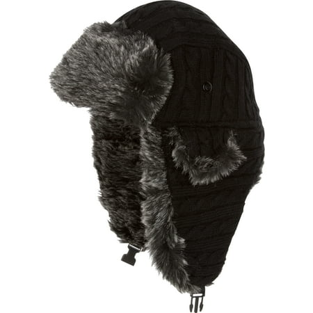 Sakkas Turner Unisex Ribbed Knit Faux Fur Lined Chin Strap Winter Trooper Hat - Black - OS