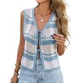 thumbnail image 2 of Women'S Sleeveless Striped Sweater Vest V Neck Tie Front Crochet Knit Tank Tops Blue L, 2 of 8