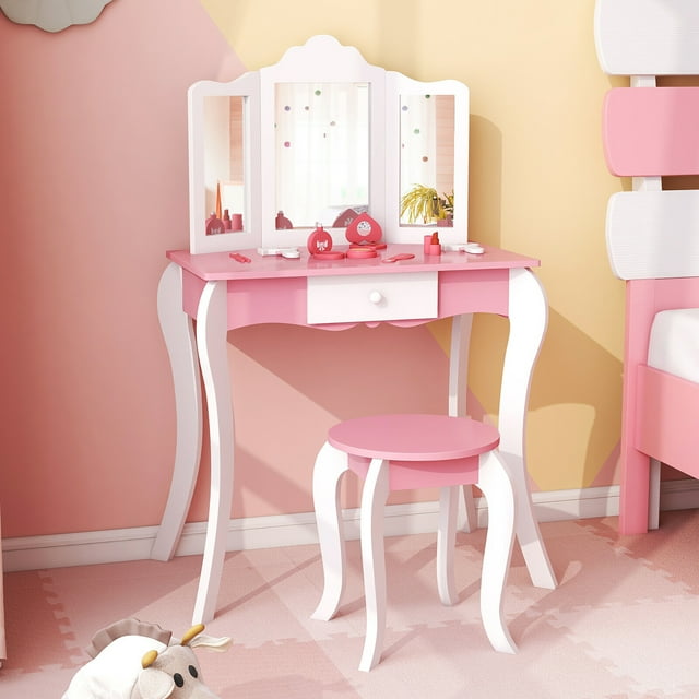 Gymax Coiffeuse et Chaise pour Enfant avec Miroir Détachable à Trois Volets, Ensemble de Maquillage pour Jeu d'Imitation