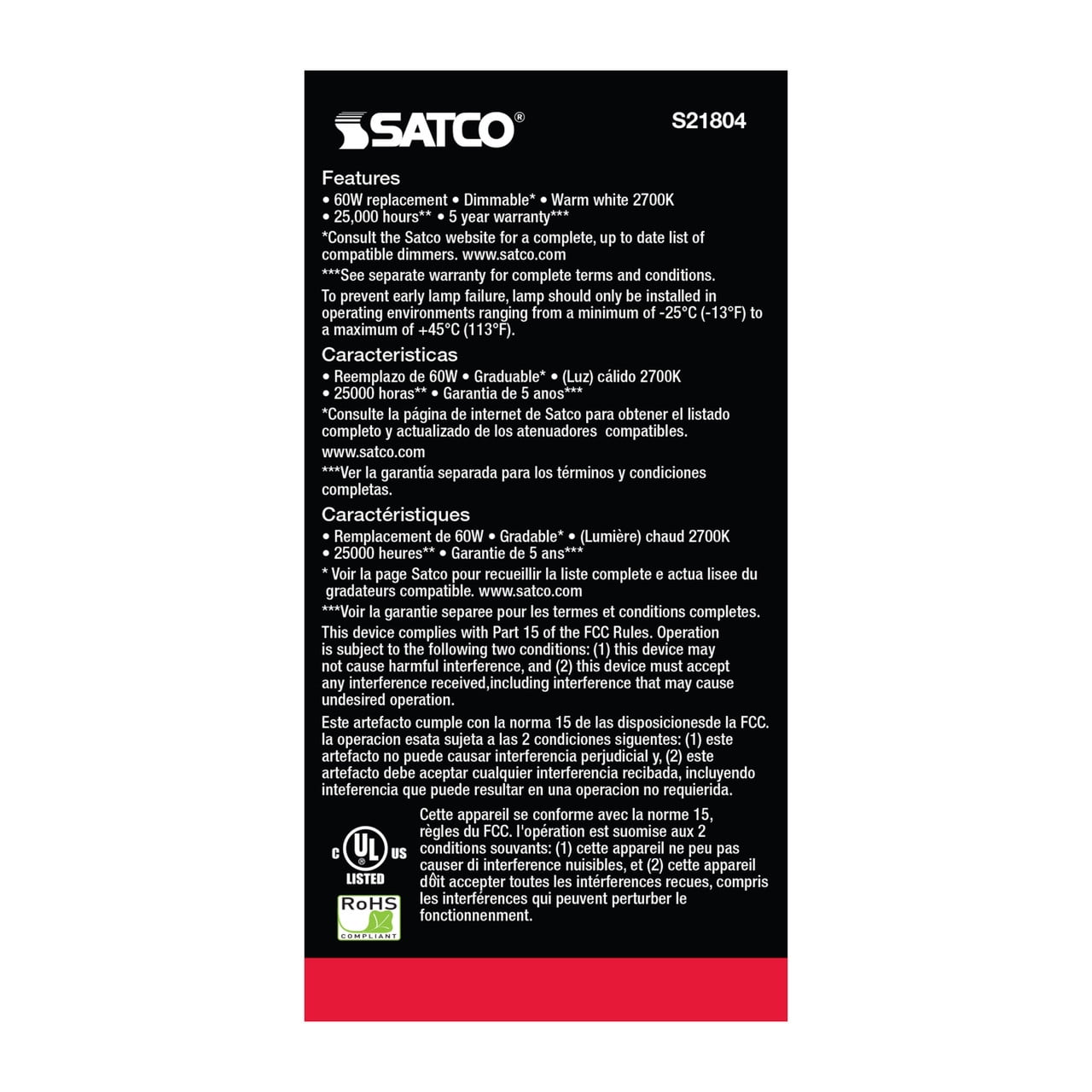 SATCO S21804 9.8W 120V A19 LED Bulb E12 Candelabra Base 2700K (6 Pack)