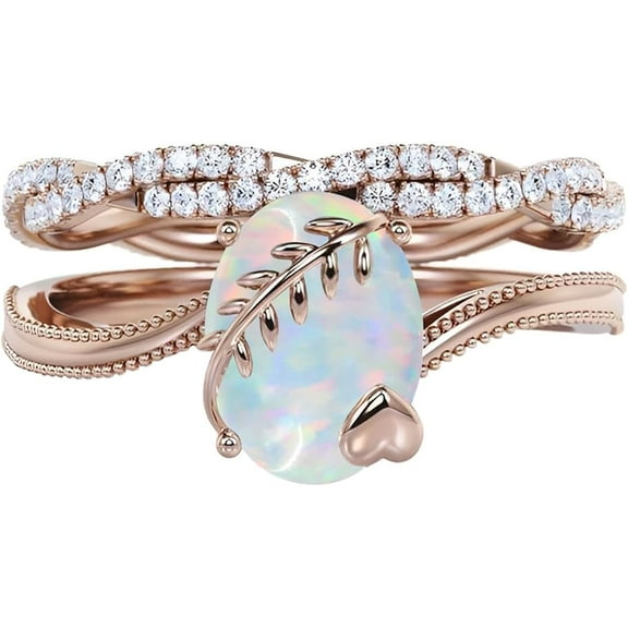 Divine Creation Women's 2.15 Ct Oval Cut Fire Opal Christmas Thanksgiving Engagement Bridal Ring Set 14K Rose Gold Plated 925 Sterling Silver -4
