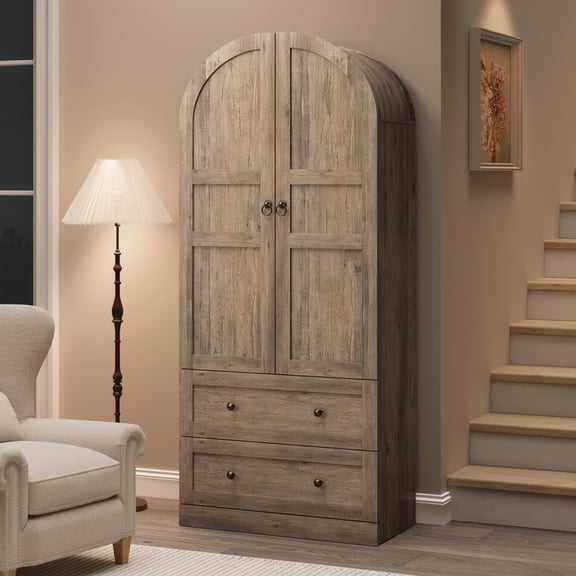 72" Tall Dome Bookcase with Drawers, 4-Tier Wooden Bookshelf Storage Cabinet with Door, Farmhouse Arched Cabinet with Storage, Wood Arch Bookcase for Home Office, Living Room, Gray