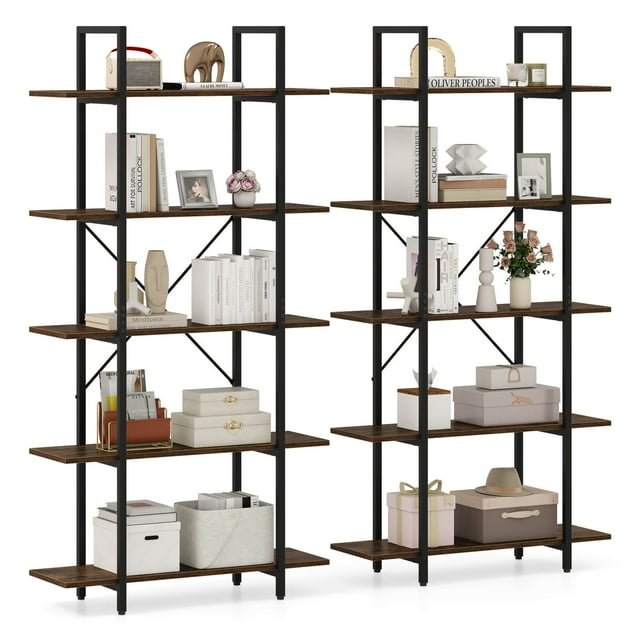 Costway 2 PCS 5-Tier Bookshelf 62" Tall Vintage Industrial Bookcase with Open Storage Shelves