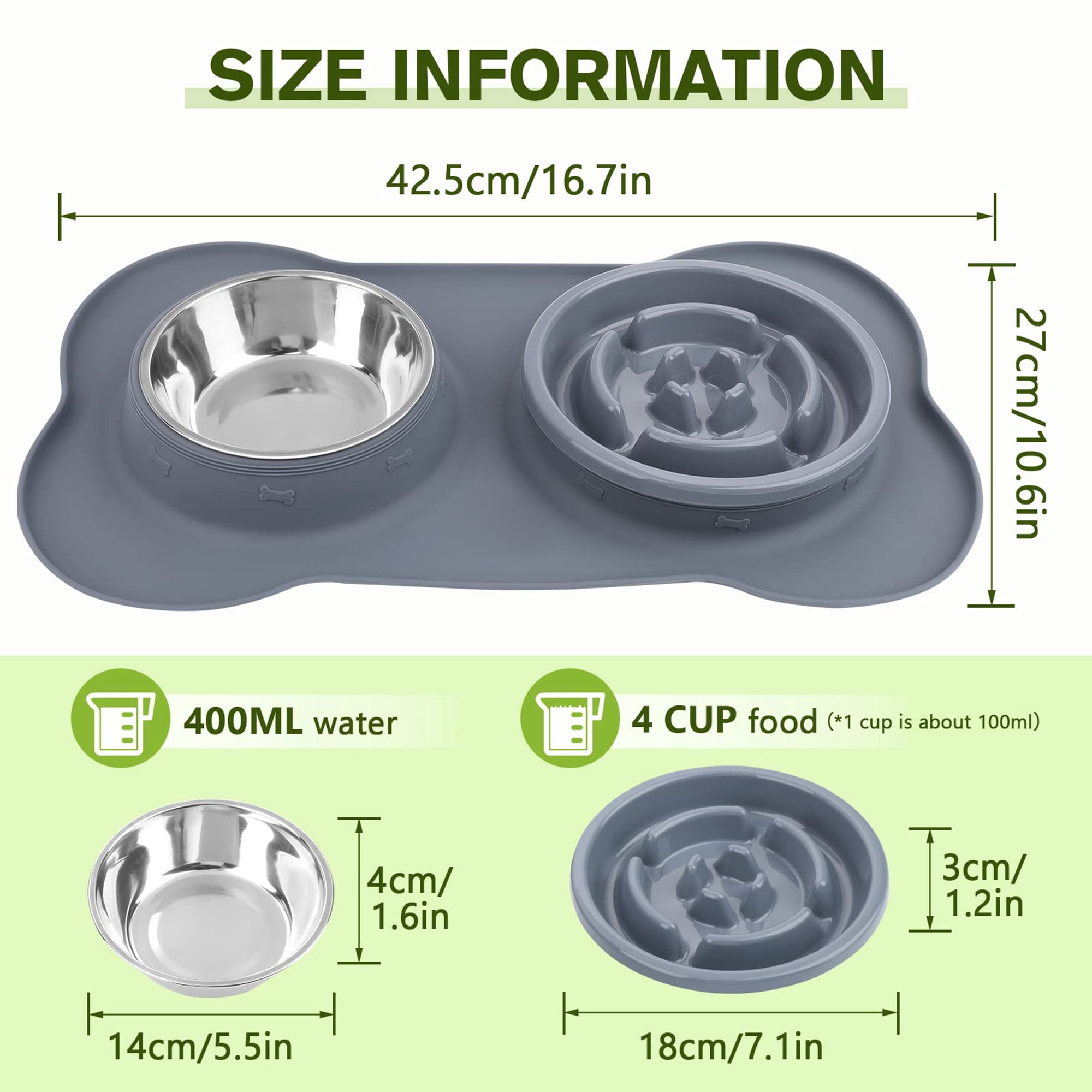 Slow Feeder Dog Bowl with Non Slip Silicone Mat, 3 in 1 Stainless Steel Pet Bowl for Small Dogs and Cats, Grade Safe Design to Slow Down Eating, Preent Bloat, Improe Digestion, Gray