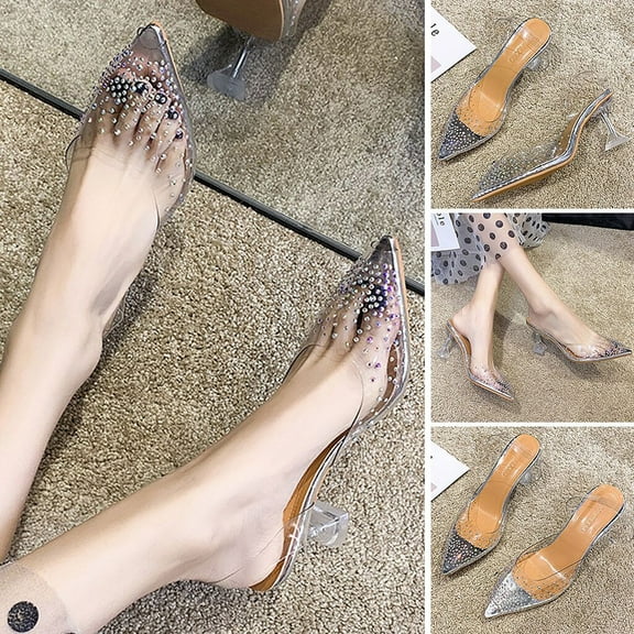 Quaouag Women's Clear Heels Shoes,Slingback Crystal Rhinestones Wedding Pointed Toe Shoes High Heel Sandals