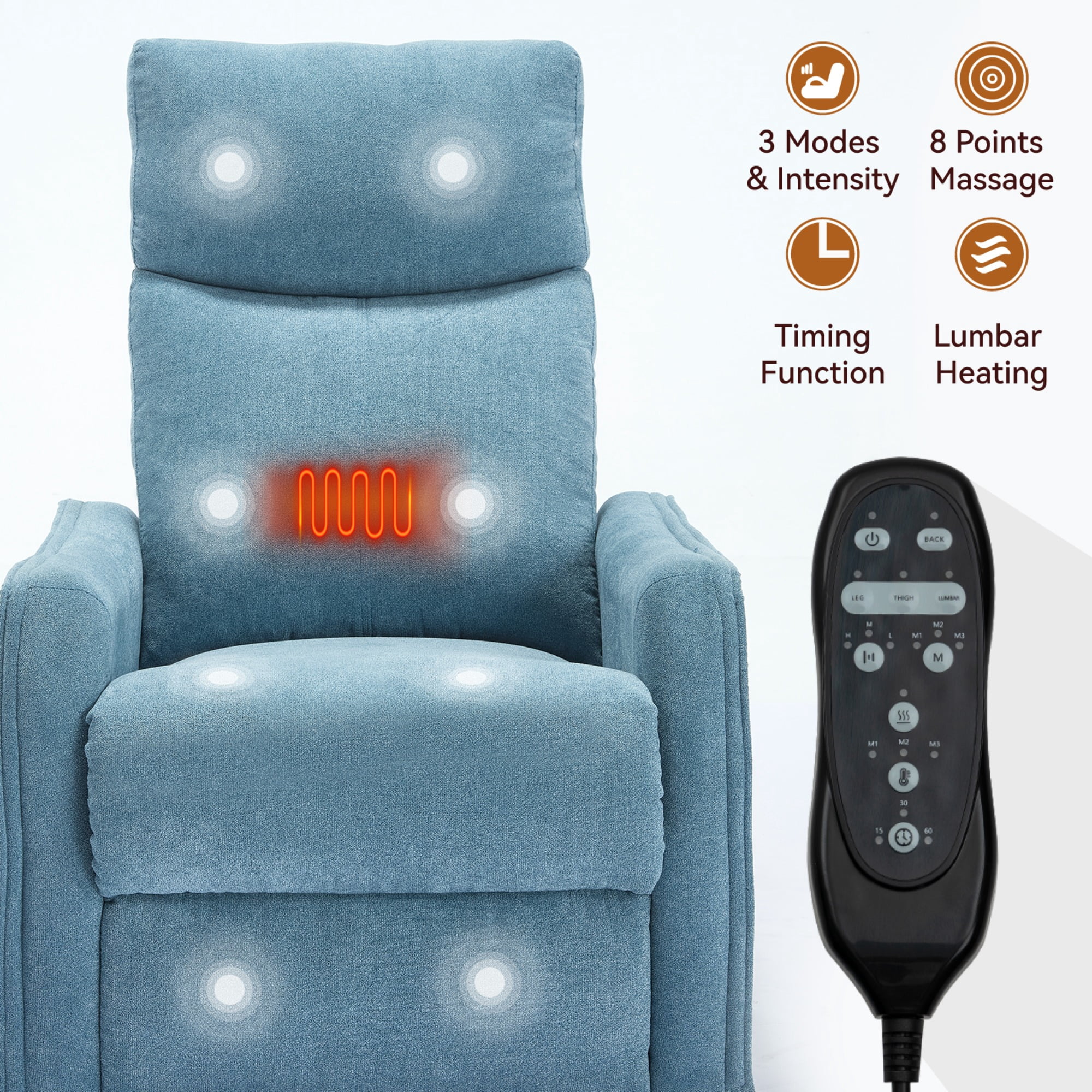 JXXRZ Heated Massage Swivel Rocker Recliner Chair w/ Manual Recline & Breathable Fabric, Blue