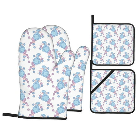 

Oven Mitts and Pot Holders Sets 4 pcs - Abstract Cute Poodle Dog Blue Heat Resistant Silicone Oven Gloves with Non-Slip Silicone Surface and hot pads for kitchen Baking Cooking BBQ