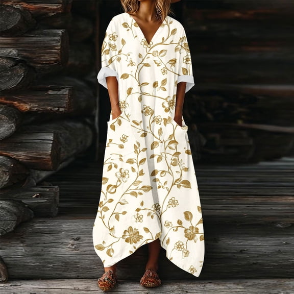 Qepwscx Casual Sundresses For Women V Neck 3/4 Short Sleeves Maxi Dress Irregular Hemline Flowy Boho Dresses with Pocket Floral Tropical Print Hawaiian Beach Dresses For Women S