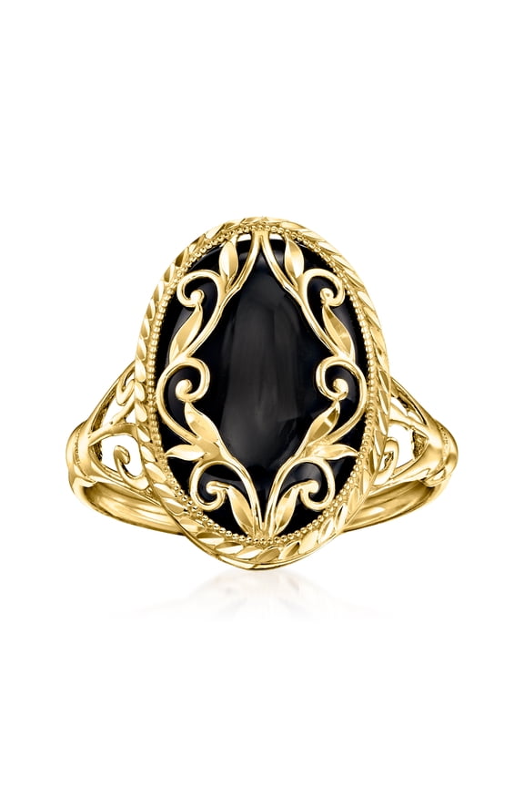 Black Onyx Scroll Ring in 14kt Yellow Gold, Women's, Adult