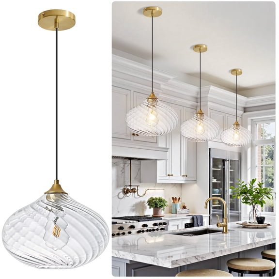 Deyidn 11 inch Modern Adjustable Gold Pendant Light with Striped Glass Shade for Kitchen Island, Dining Room, Bedroom, Entryway