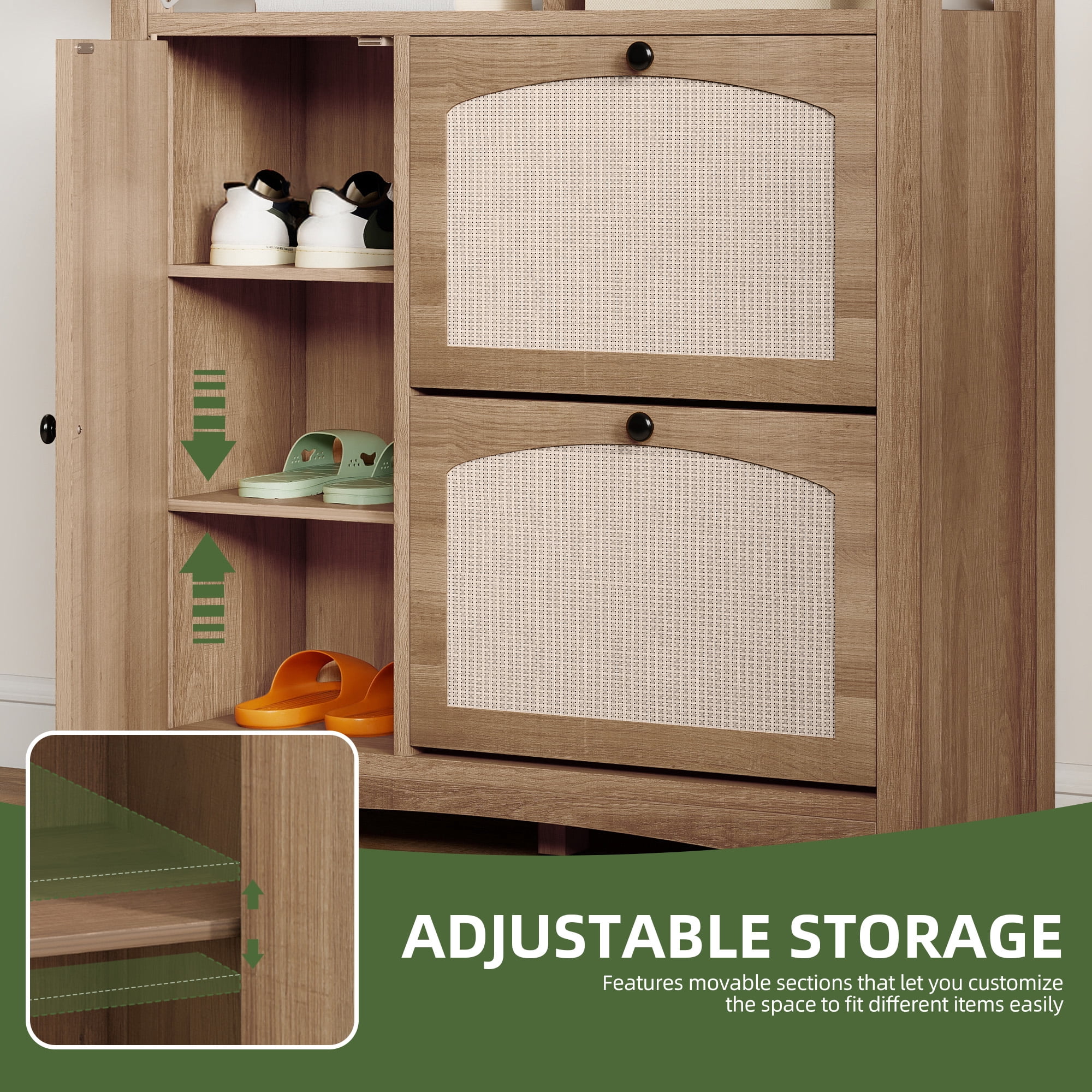 Uforic Shoe Cabinet with 2 Flip Drawers & Door, Farmhouse Shoe Organizer  Rack with Open Shelf, Oak