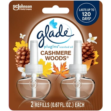 Glade PlugIns Scented Oil 2 Refills, Air Freshener, Cashmere Woods, Essential Oil Infused Wall Plug In, 1.34 FL oz, Pack of 2