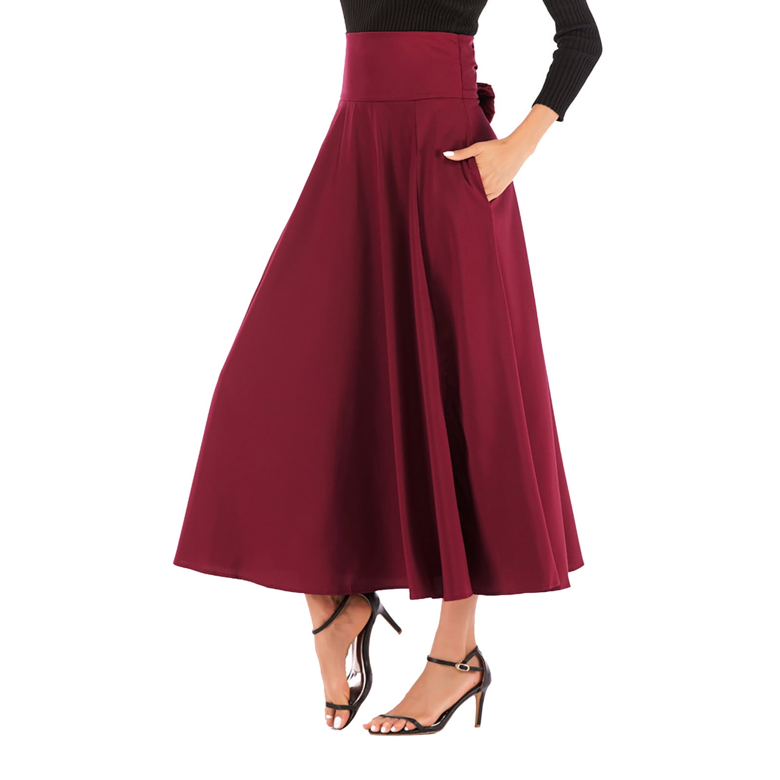 Qiopertar Women High Waist Pleated A Line Long Skirt Front Slit Belted Maxi Skirt Deals of the Week Clearance under 5 Saving Up To 90 Off Walmart