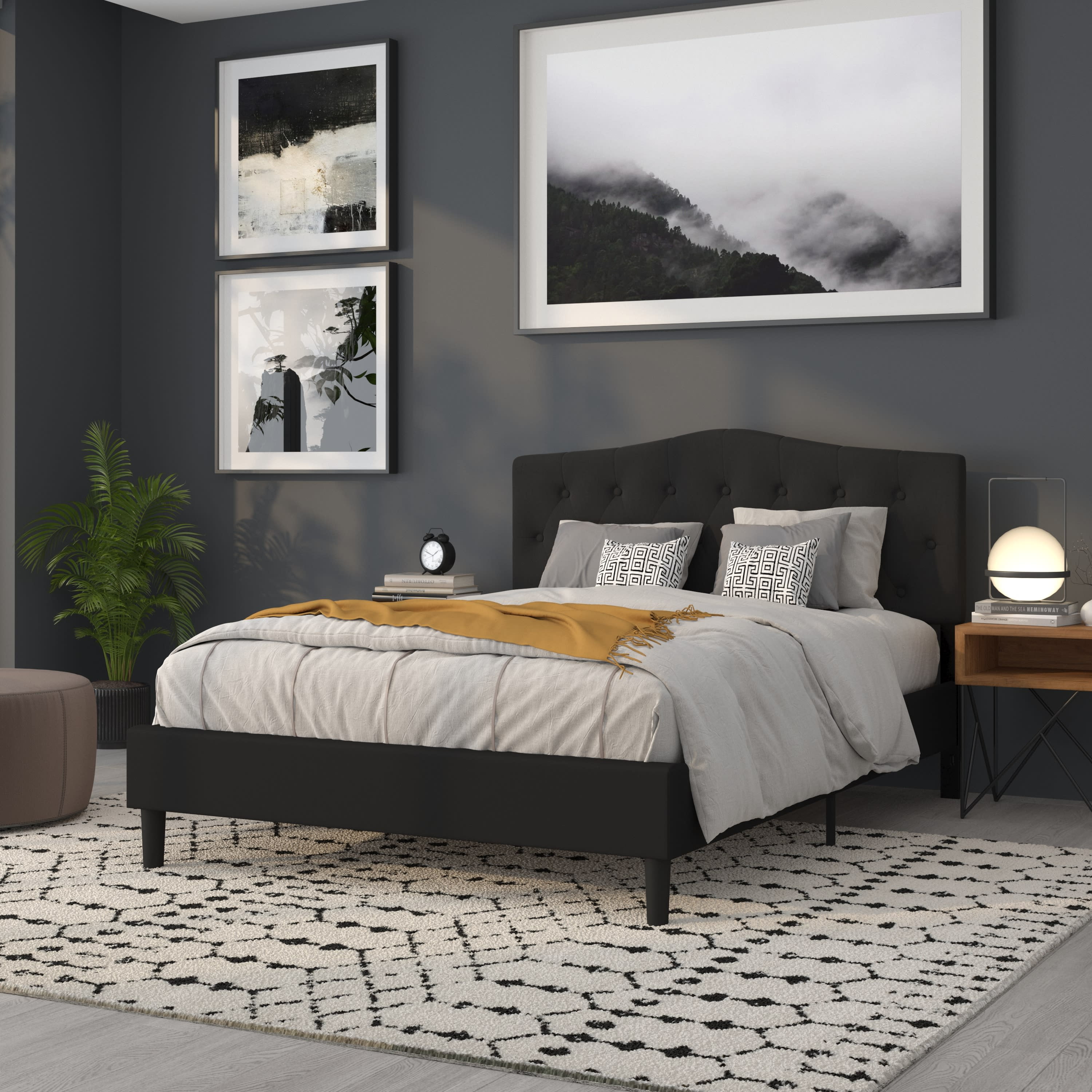 BizChair Arched Button Tufted Upholstered Queen Size Headboard in Black Fabric