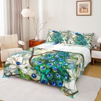 jejeloiu 3D Chic Peacock Twin Sheet Sets,White Flower Floral Twin Fitted Sheet,Zoo Animal Flat Sheet For Kids Boys,Microfiber Bedroom Decor,3-Piece