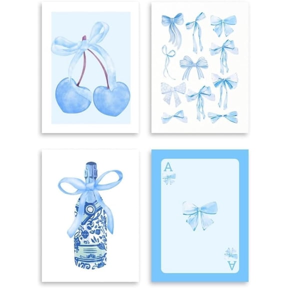 Preppy Blue Cherry Bow Wall Art Canvas Posters Set of 4 Light Blue Trendy Coquette Room Decor Champagne Bottle Aesthetic Painting Picture Prints for Girls Bedroom 8x10 in Unframed