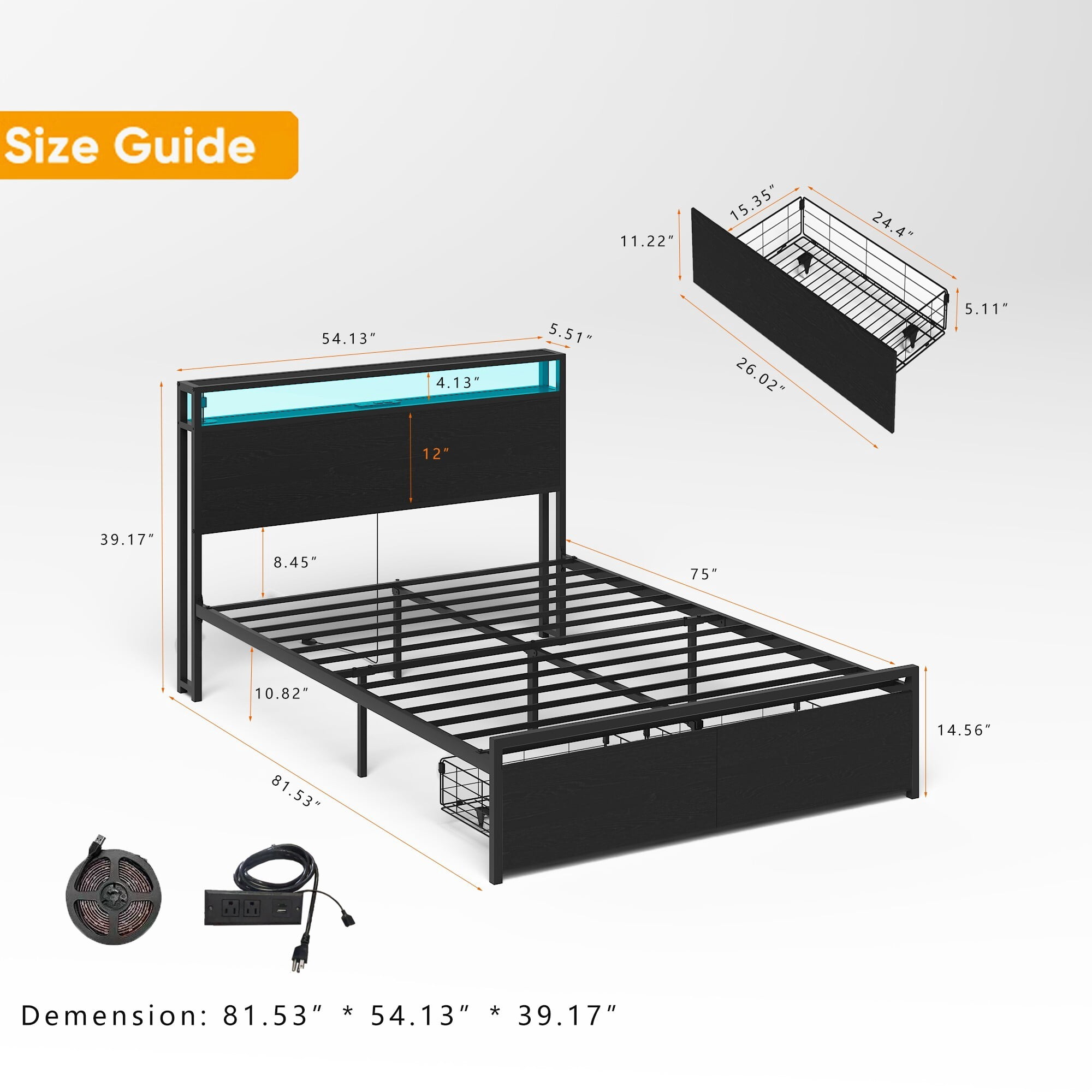 AENKYO Full Size Bed Frame with LED Lights, Storage Headboard & 2 Drawers, Built-in Charging Station, Antique Black