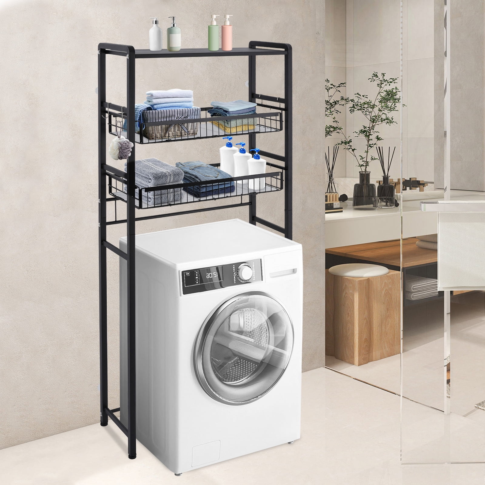 Black Washer Dryer Stacking Rack Stand, Dryer Storage Shelf with 3 Tiered Shelf, Space Saver Shelving Units Freestanding Closet Organizer Storage with Hooks
