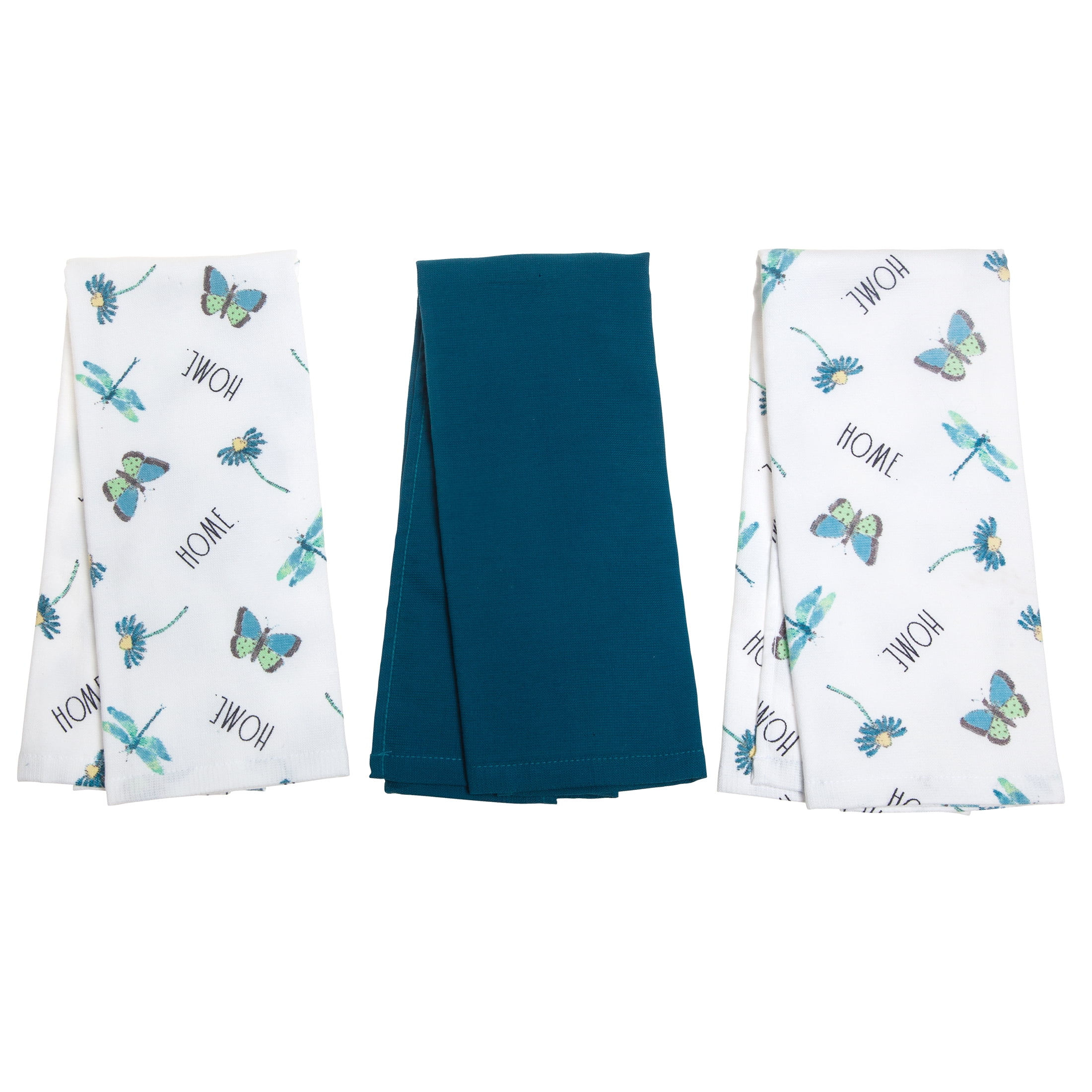 (2 pack) Rae Dunn Butterfly Kitchen Towels, 3 Pack, 16 x 26, Navy Blue & White