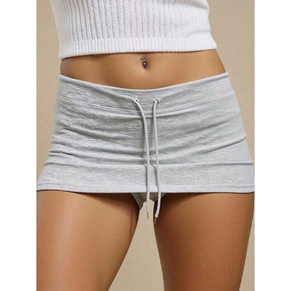 Silver Drawstring Low-Waist Mini Skort, Casual A-Line Bodycon Style