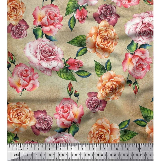 Soimoi Brown Moss Georgette Fabric Leaves & Rose Flower Decor Fabric Printed BTY 42 Inch Wide