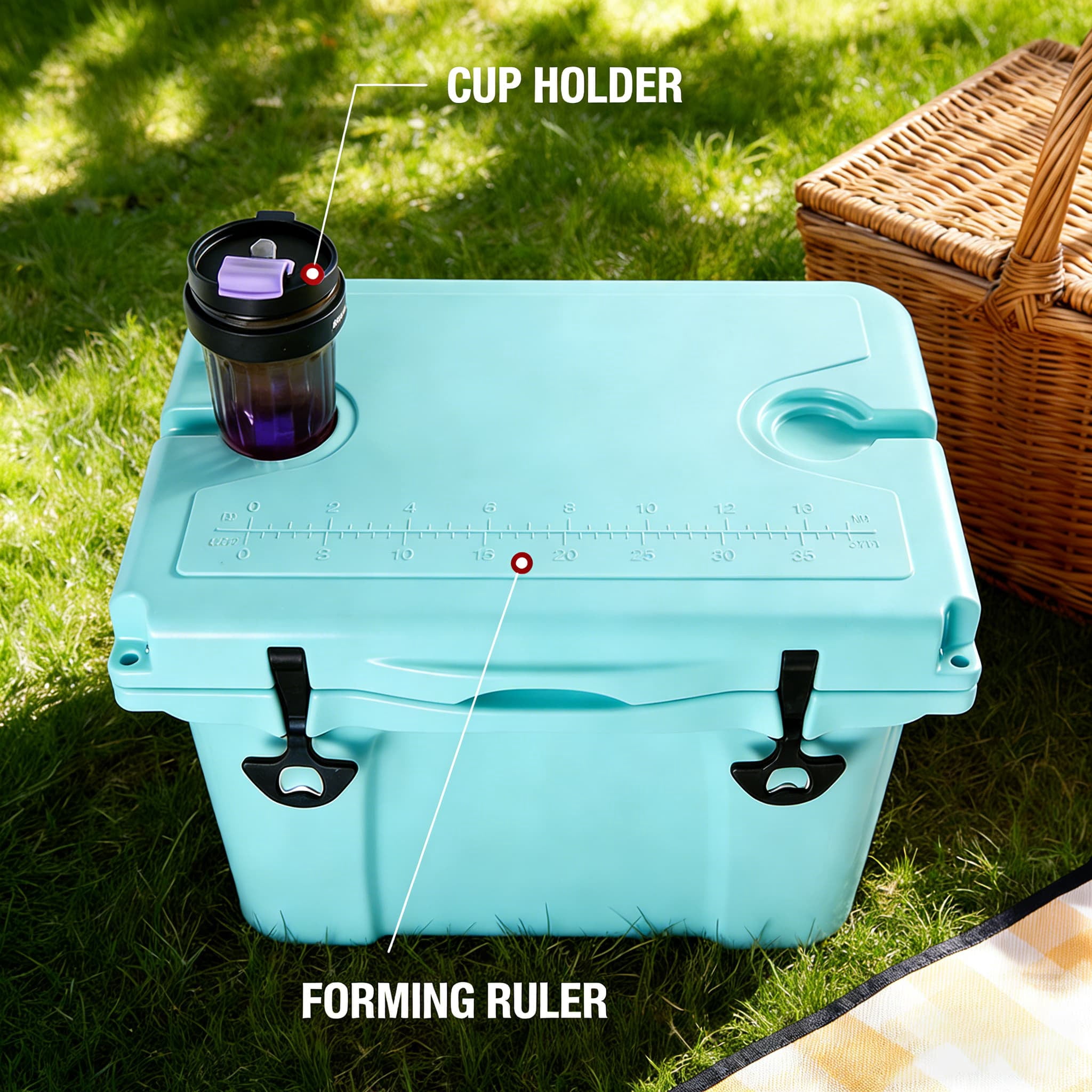 Portable Cooler 25QT, Insulated Hard Cooler Ice Chest with Bottle Opener, 5-Day Ice Retention, Cup Holder & Ruler for Travel, Camping, Beach, Fishing, Boat