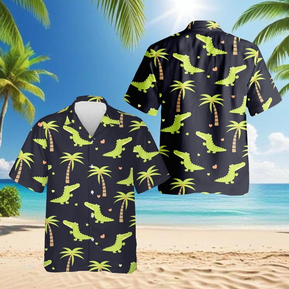 Alligator Pattern Print Hawaiian Shirt for Men, Button Down Summer Beach Short Sleeve, Tropical Style, Sizes S-5XL
