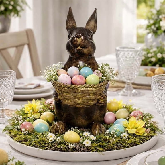 Sruoe Bunny Tabletop Decoration, Farmhouse Easter Decorations, Easter Resin Bunny Figurine Tabletop Ornament Holiday Gift for Living Room Shelf Mantel, Easter Home Decor Indoor Outdoor