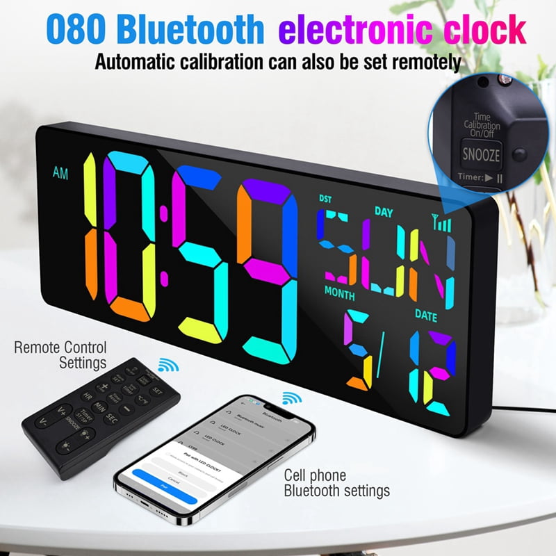 Large Digital Wall Clock 16.5 Inch Bluetooth Auto Time Sync Led Digital Clock Display Calendar Clock US Plug