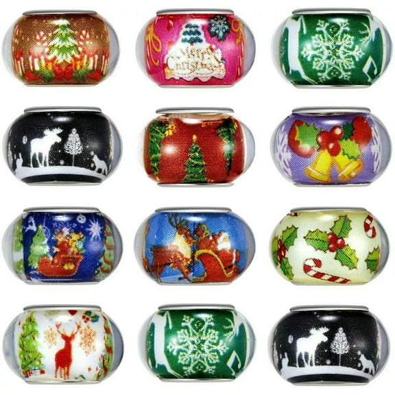 U8MO 10 Large Hole Beads European Glass Big Spacers Christmas Assorted Lot Mix 14mm